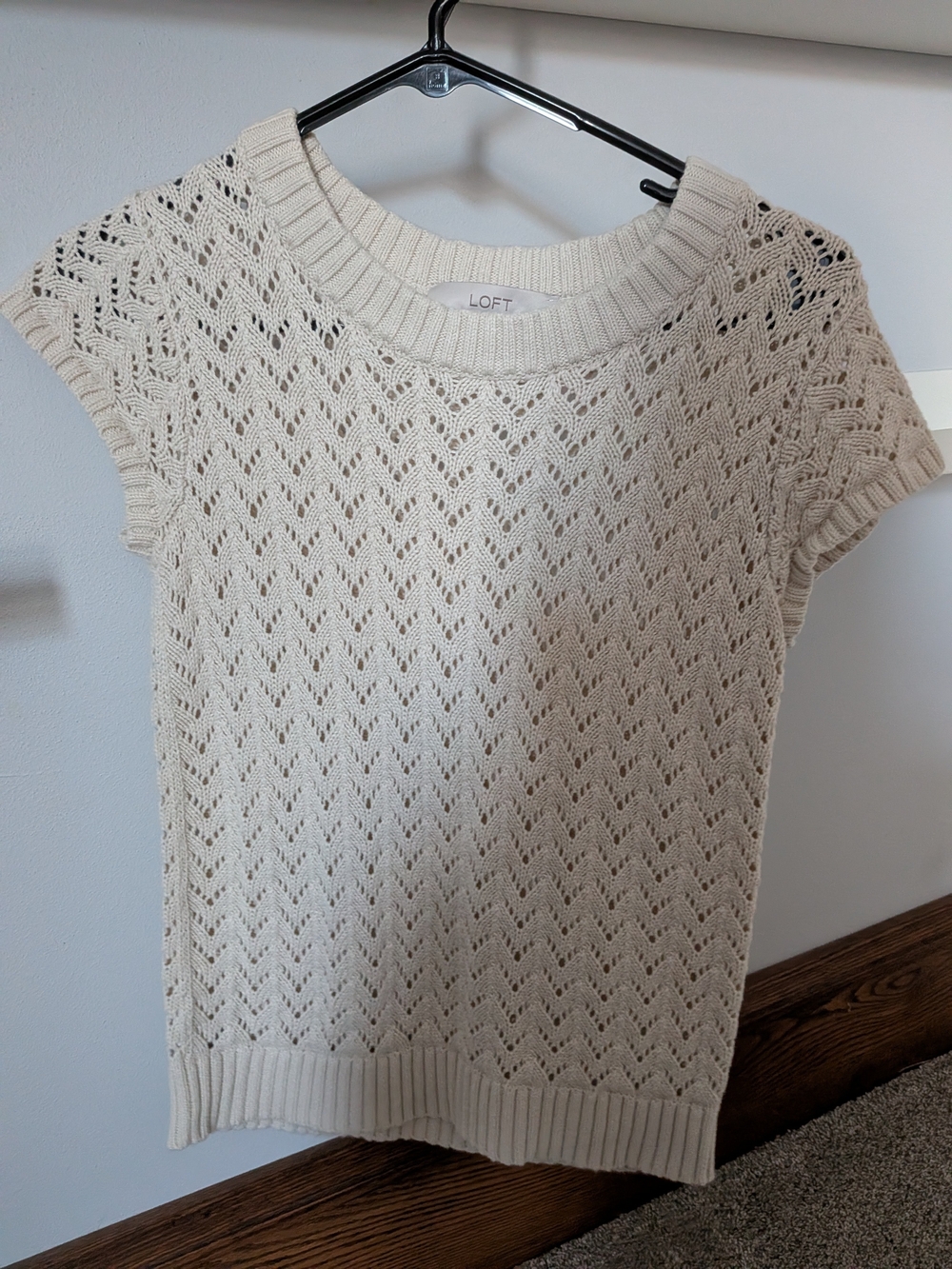 LOFT Cream Open-Knit Short Sleeve Sweater